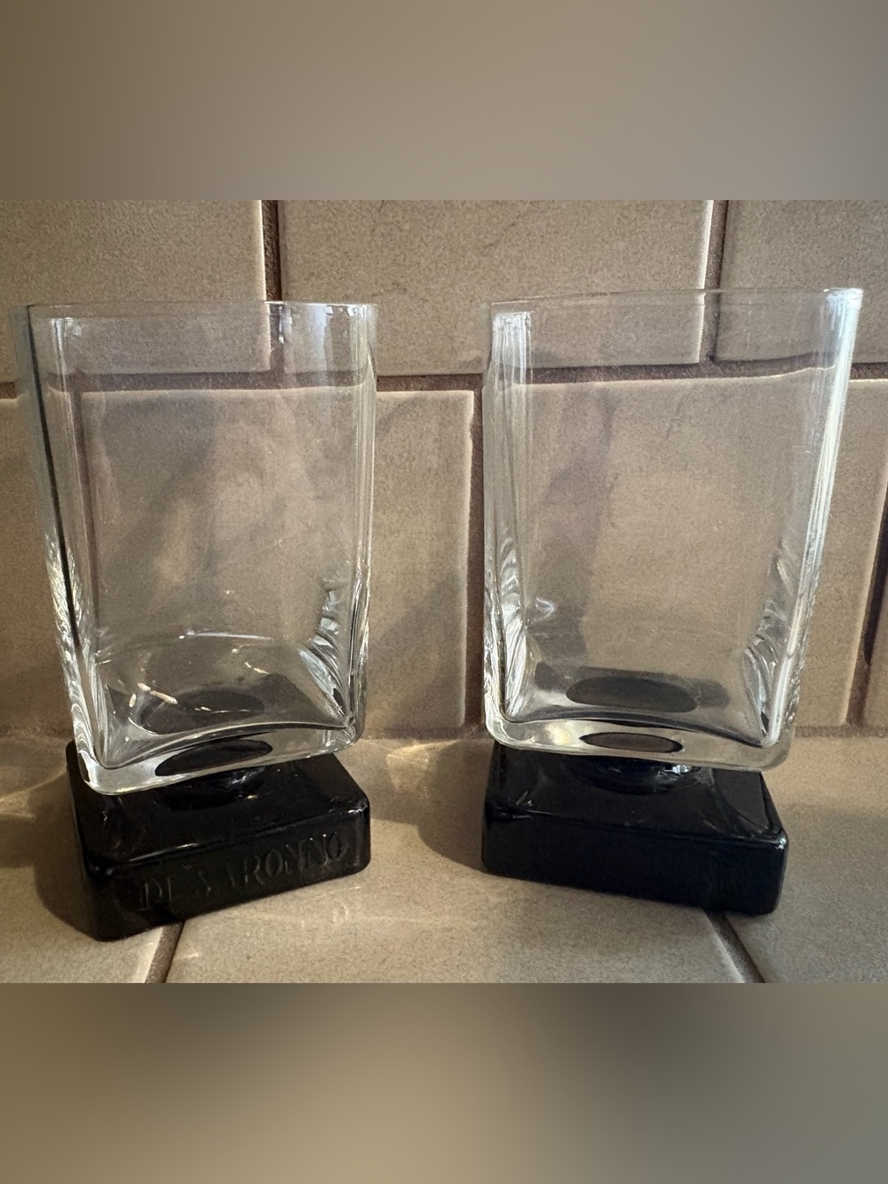 Vintage Disaronno Amaretto Square Cocktail Glasses with Black Pedestal Base